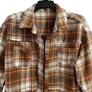 FlamingOals Womens Plaid Shacket Oversized Fringe Detail Brown XL